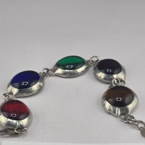 Signed SG  Estate Link Bracelet Multi-Color Cabochon Sterling Silver 7.5in